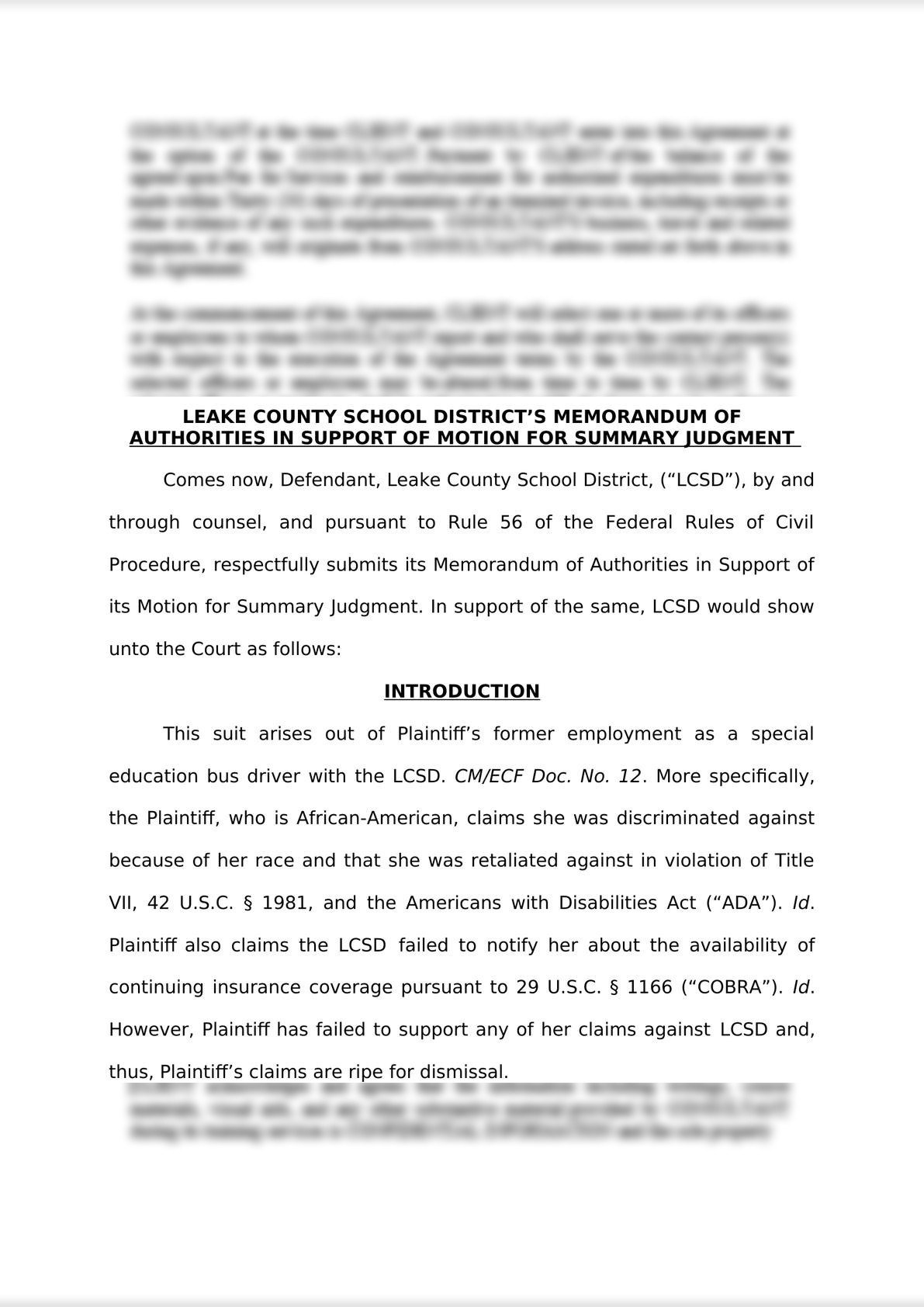 MOA IN SUPPORT OF MOTION FOR SUMMARY JUDGMENT RE: EMPLOYMENT DISCRIMINATION-0