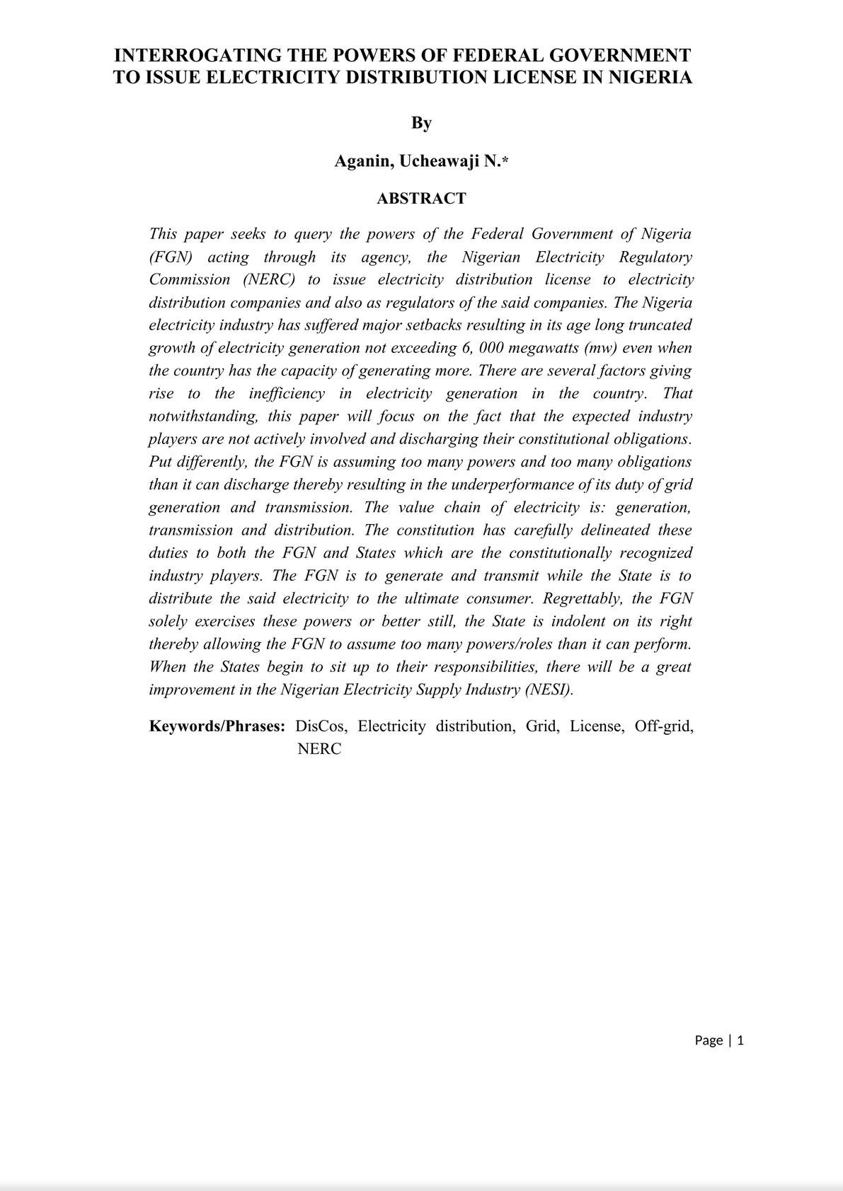 Interrogating the powers of Federal Government to issue electricity distribution license in Nigeria-0