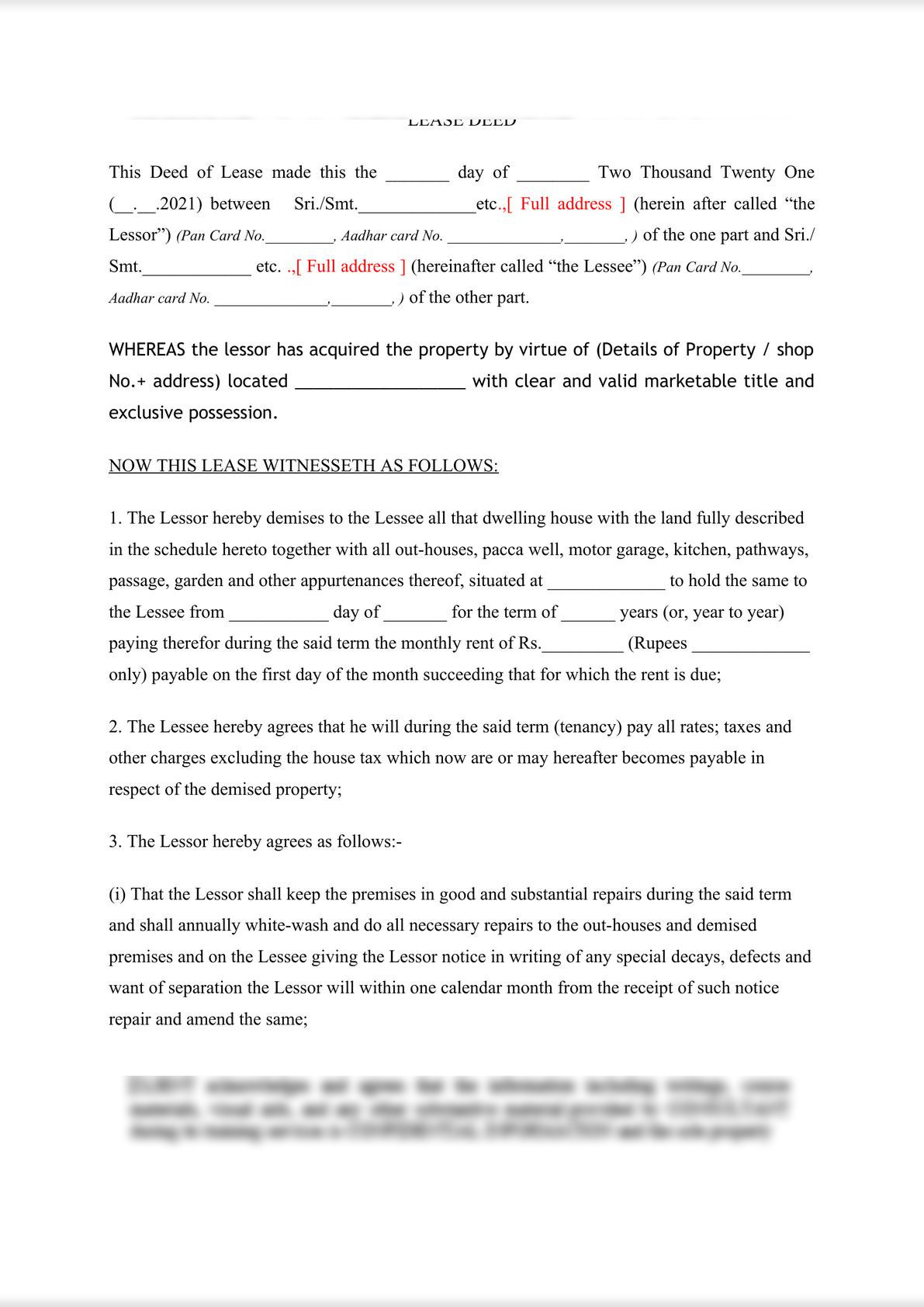 Lease Deed for 11 months - Indian format-0