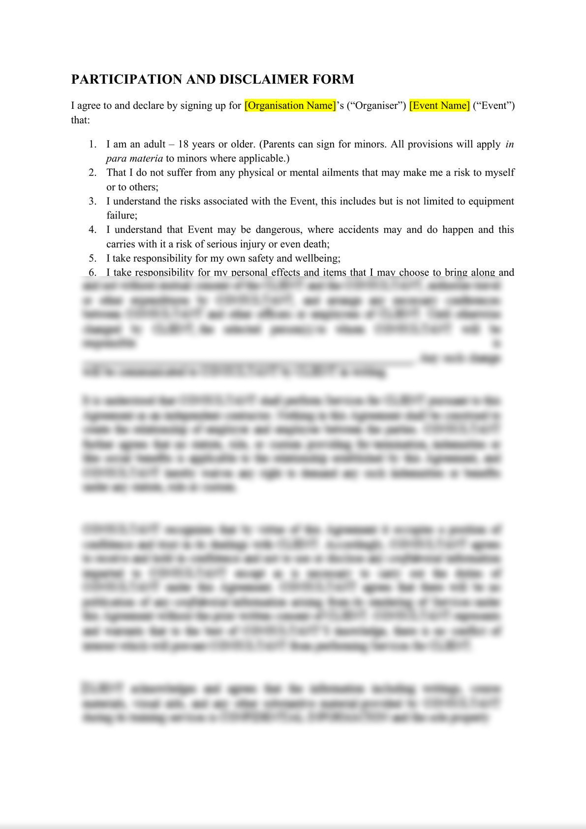 Standard Legal Disclaimer/Waiver for sport and other physical events/classes/yoga/zumba - valid in most common law jurisdictions - US, India, UK etc-0