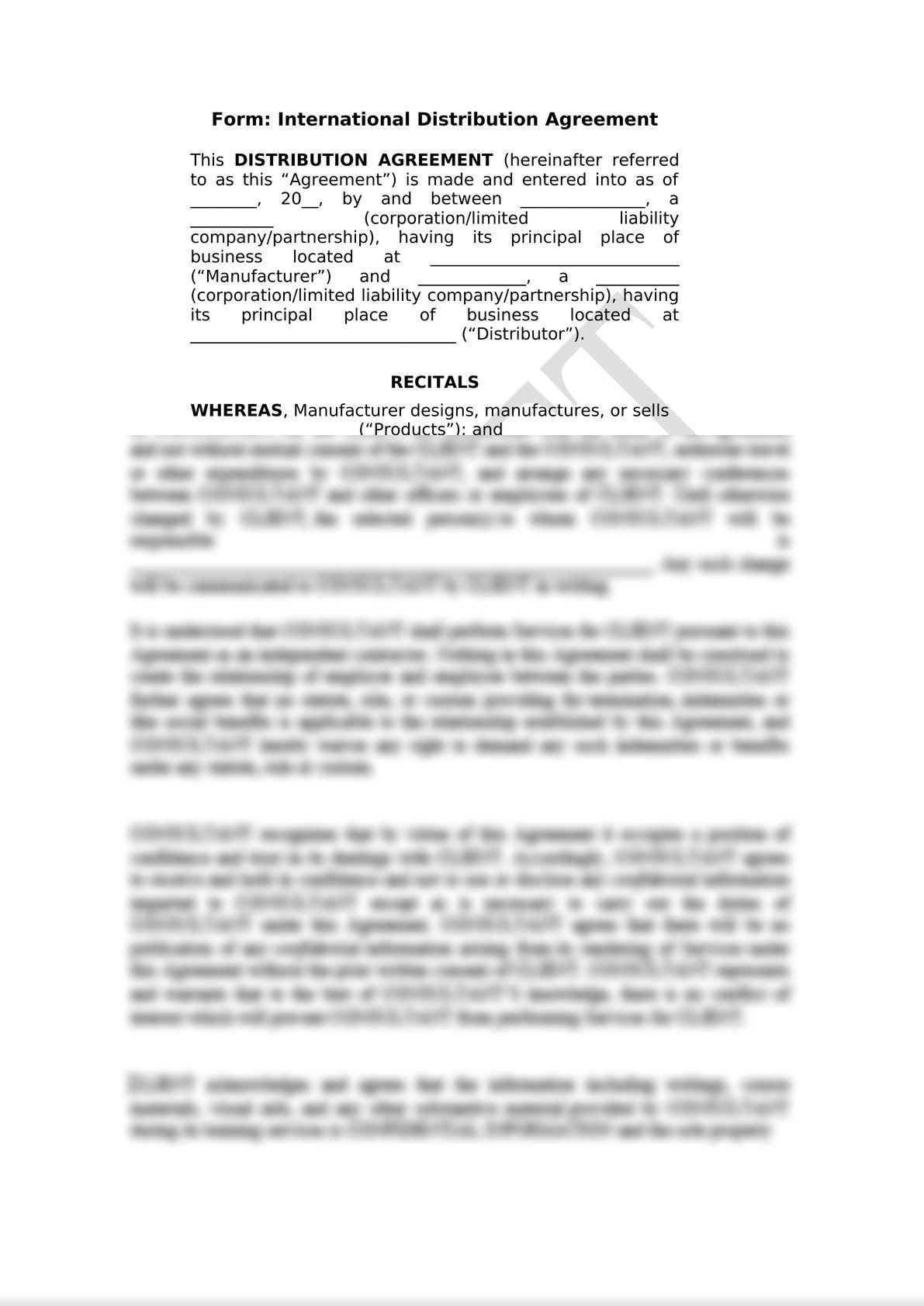 This international distribution agreement was designed for use by a US principal/manufacturer looking to distribute his products (either physical or digital products) through the appointment -0