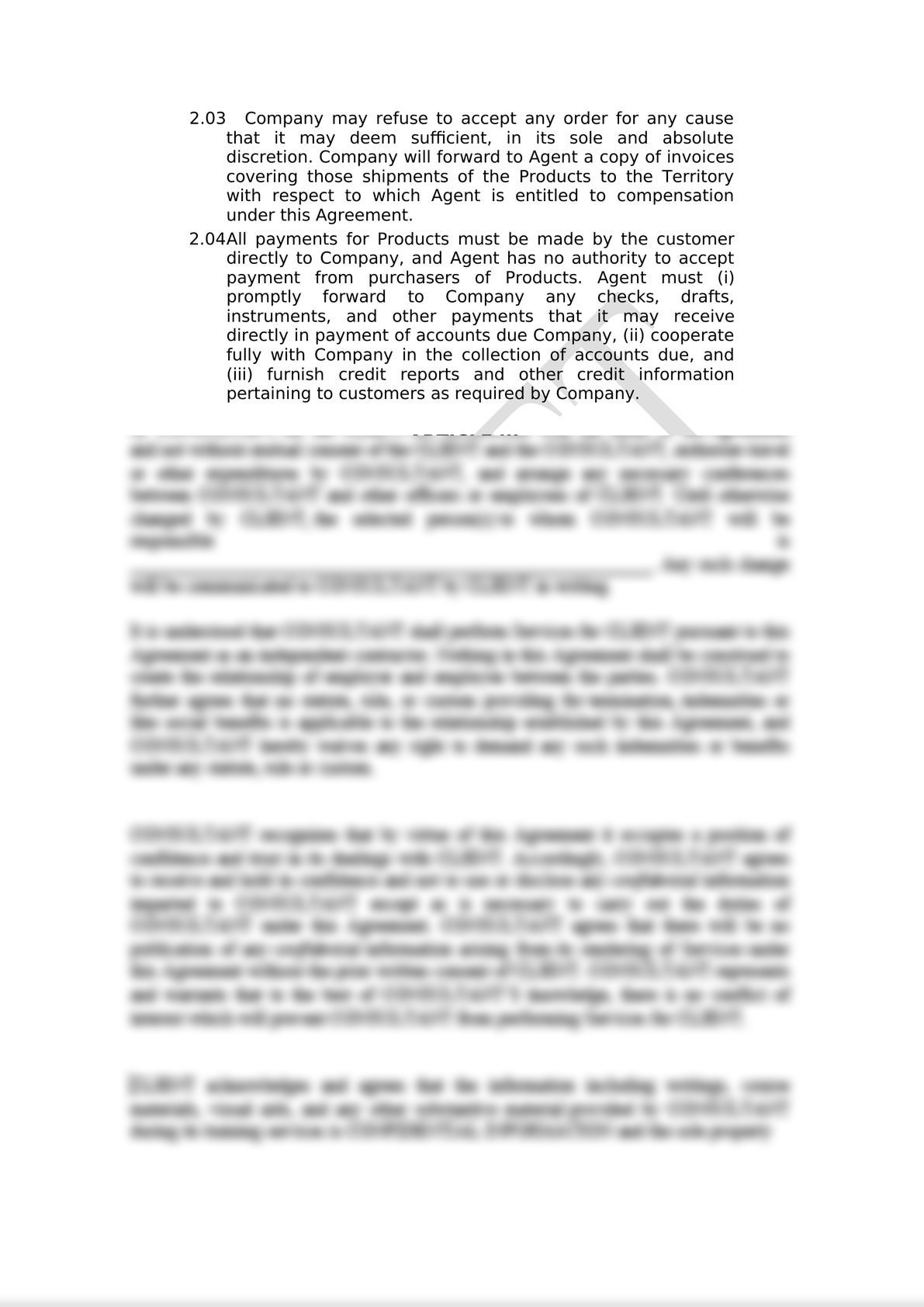 This sales representative agreement governs the relationship between a manufacturer of products and his commercial agent who is entrusted with the promotion , marketing and sale of the manufa-3