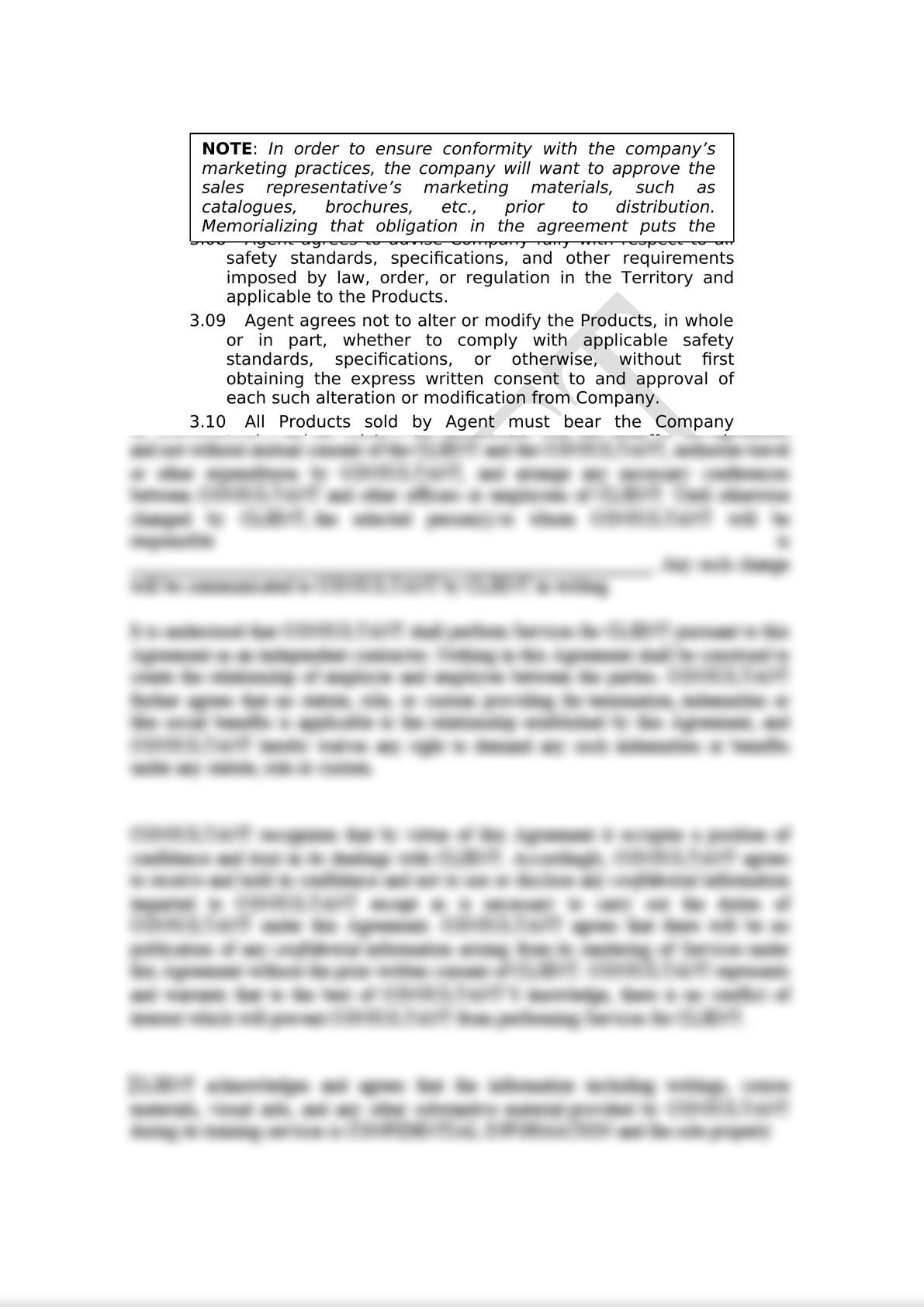 This sales representative agreement governs the relationship between a manufacturer of products and his commercial agent who is entrusted with the promotion , marketing and sale of the manufa-6