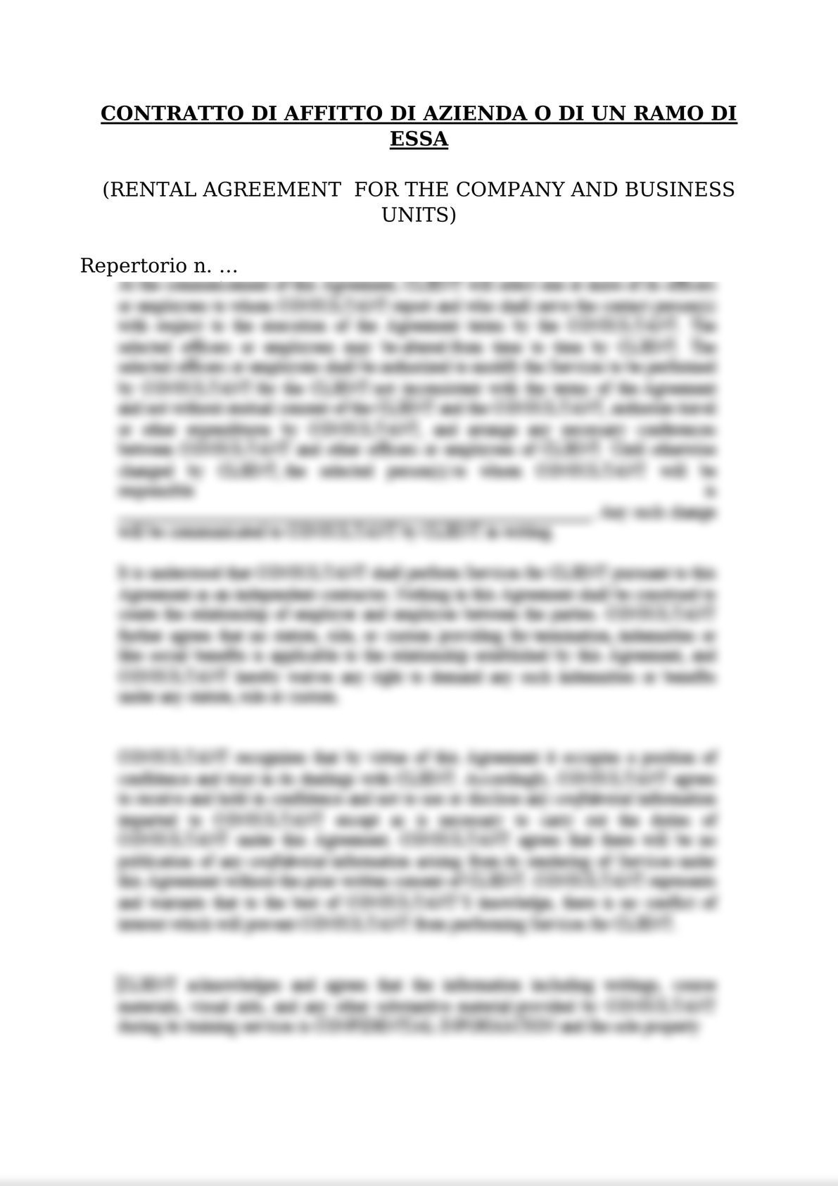 RENTAL AGREEMENT  FOR THE COMPANY AND BUSINESS UNITS / CONTRATTO DI AFFITTO DI AZIENDA O DI UN RAMO DI ESSA-0