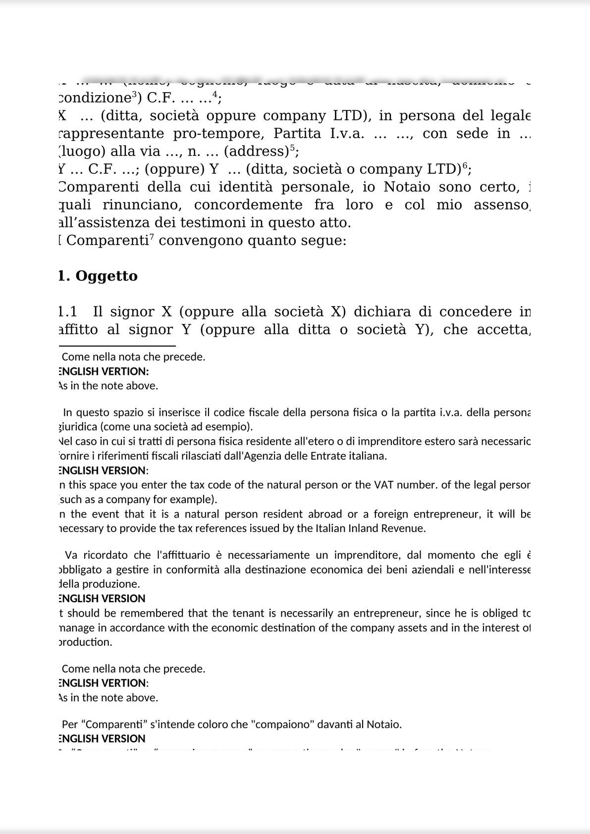 RENTAL AGREEMENT  FOR THE COMPANY AND BUSINESS UNITS / CONTRATTO DI AFFITTO DI AZIENDA O DI UN RAMO DI ESSA-1