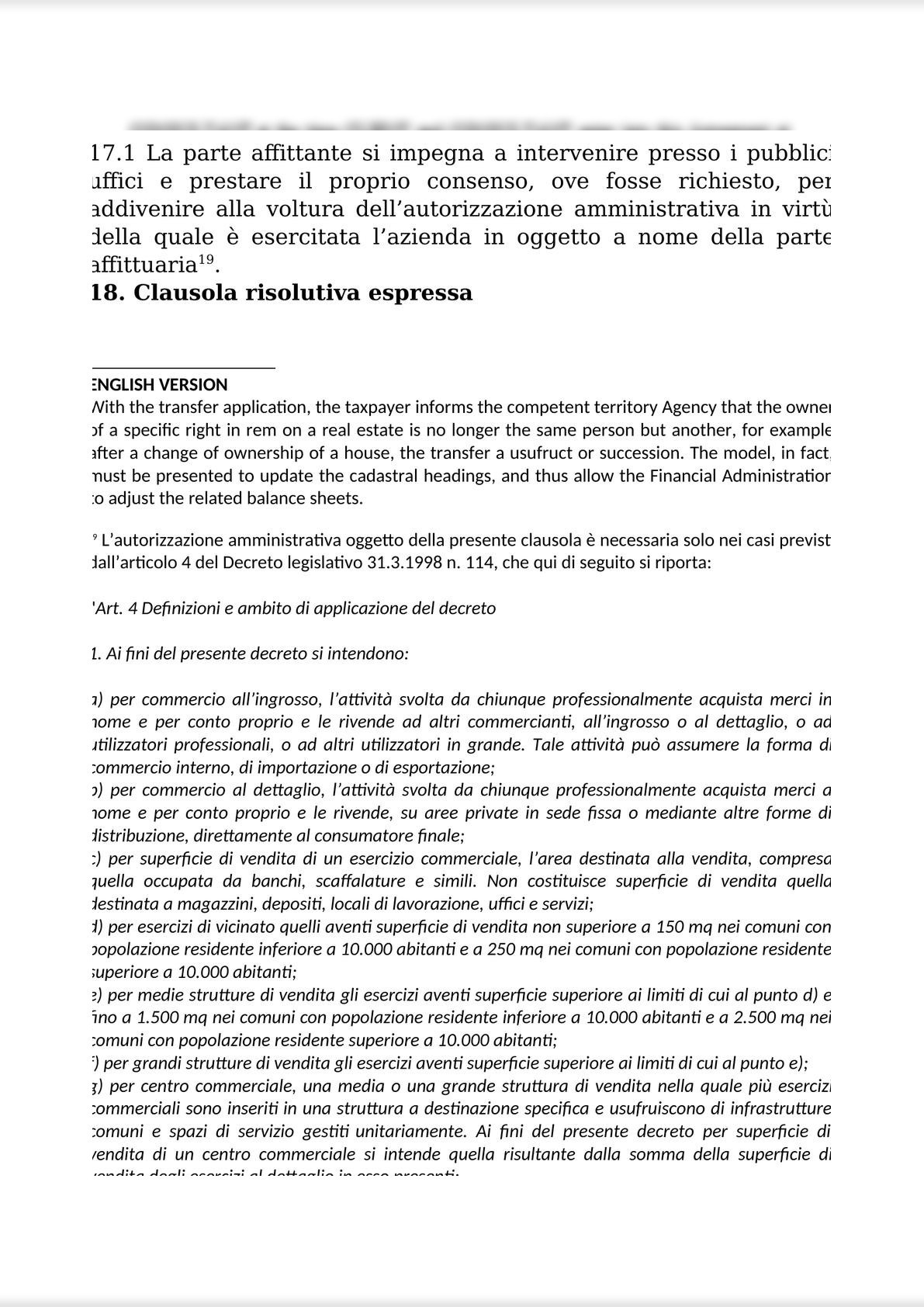 RENTAL AGREEMENT  FOR THE COMPANY AND BUSINESS UNITS / CONTRATTO DI AFFITTO DI AZIENDA O DI UN RAMO DI ESSA-7