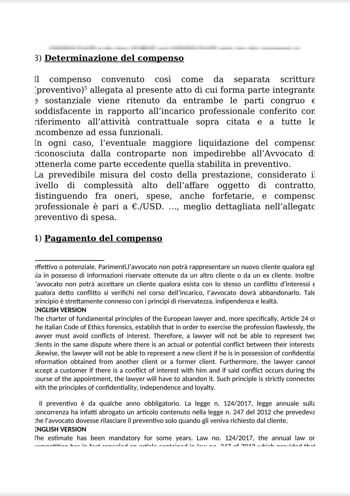 INTELLECTUAL WORK AGREEMENT FOR OUT-OF-COURT ACTIVITIES AND ATTACHMENTS 1 (PRIVACY); 2 (ANTI-MONEY LAUNDERING); AND 3 FEE QUOTE / CONTRATTO D’OPERA INTELLETTUALE STRAGIUDIZIALE-4