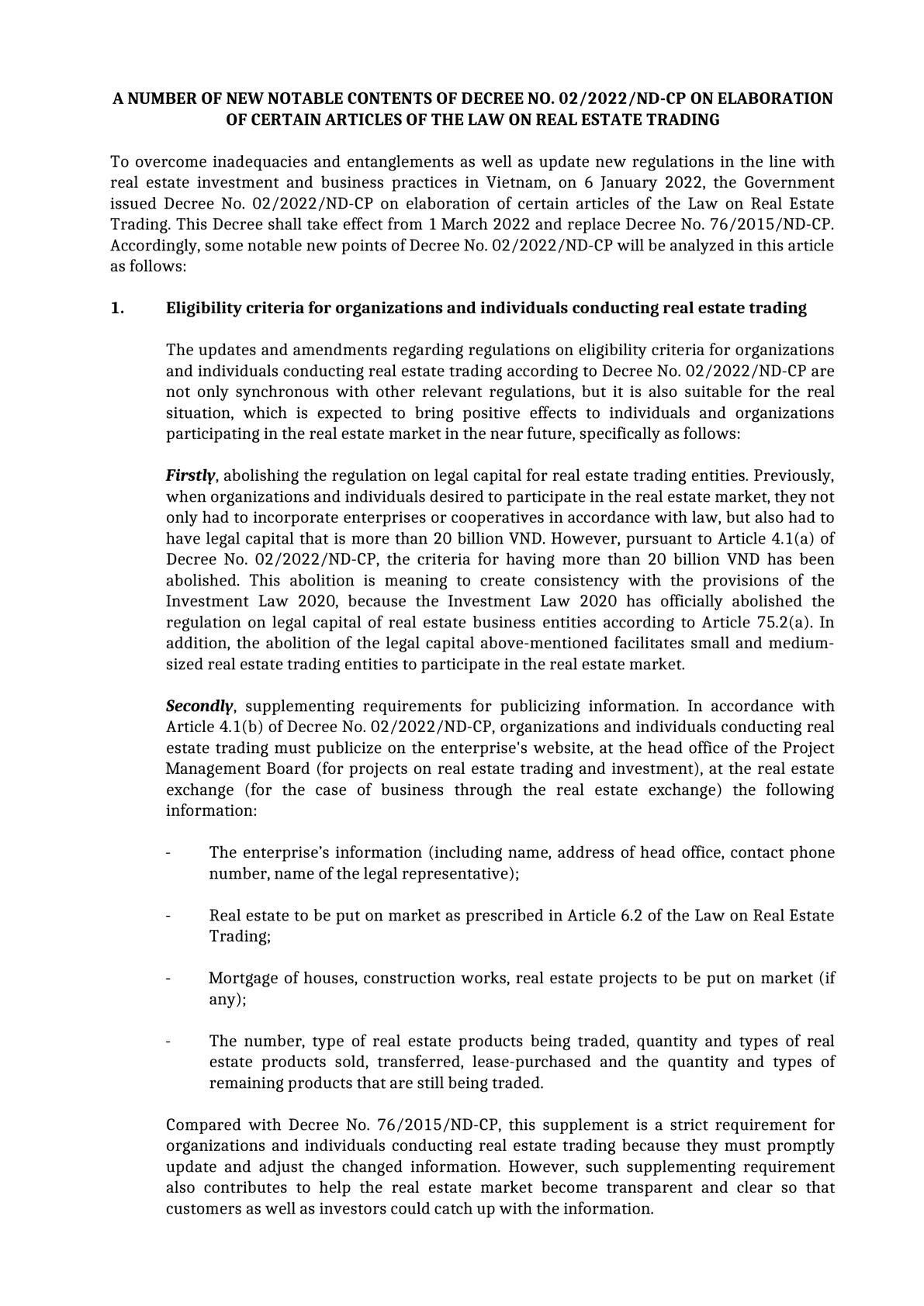 A NUMBER OF NEW NOTABLE CONTENTS OF DECREE NO. 02/2022/ND-CP ON ELABORATION OF CERTAIN ARTICLES OF THE LAW ON REAL ESTATE TRADING-0