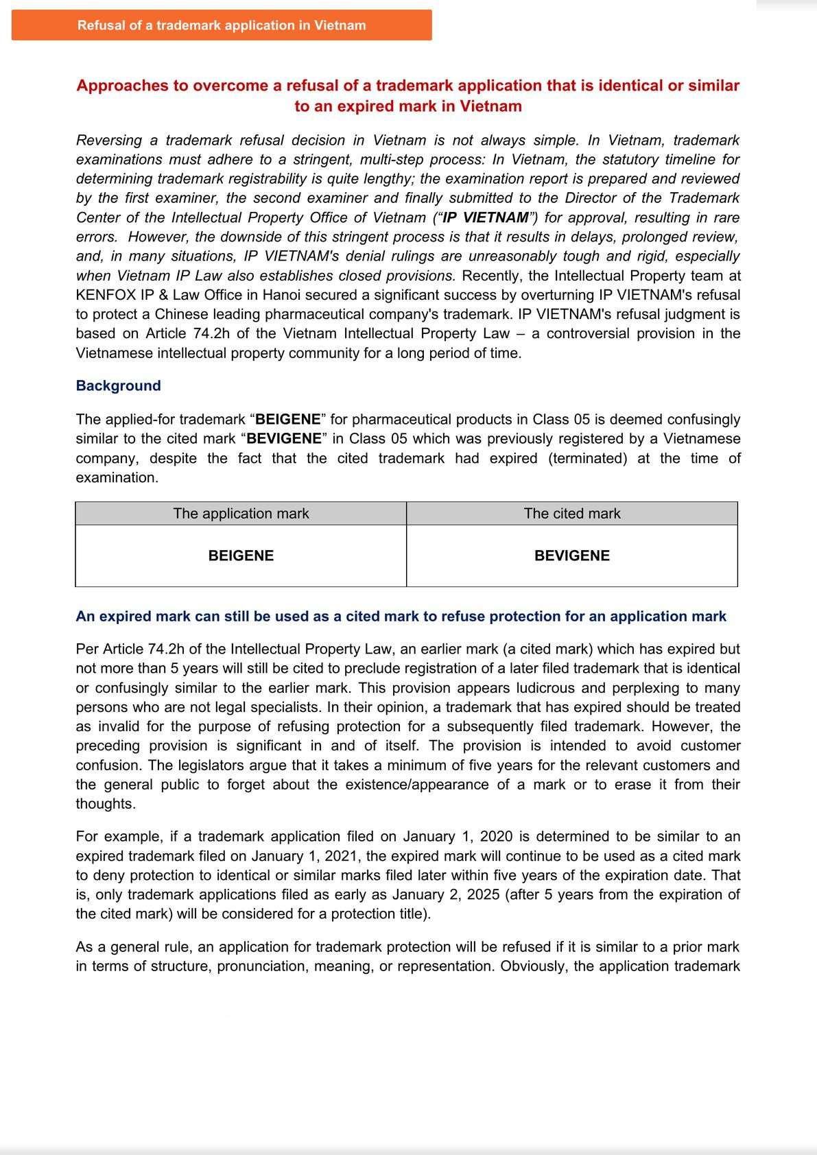 Approaches to overcome a refusal of a trademark application that is identical or similar to an expired mark in Vietnam-0