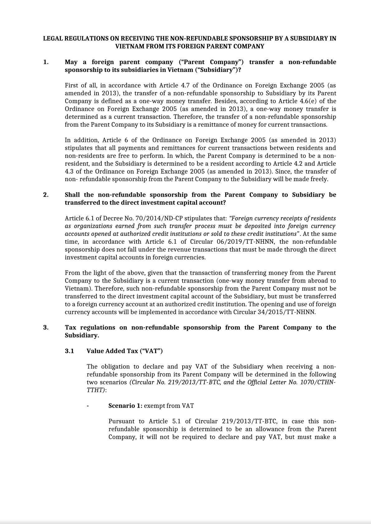 LEGAL REGULATIONS ON RECEIVING THE NON-REFUNDABLE SPONSORSHIP BY A SUBSIDIARY IN VIETNAM FROM ITS FOREIGN PARENT COMPANY-0