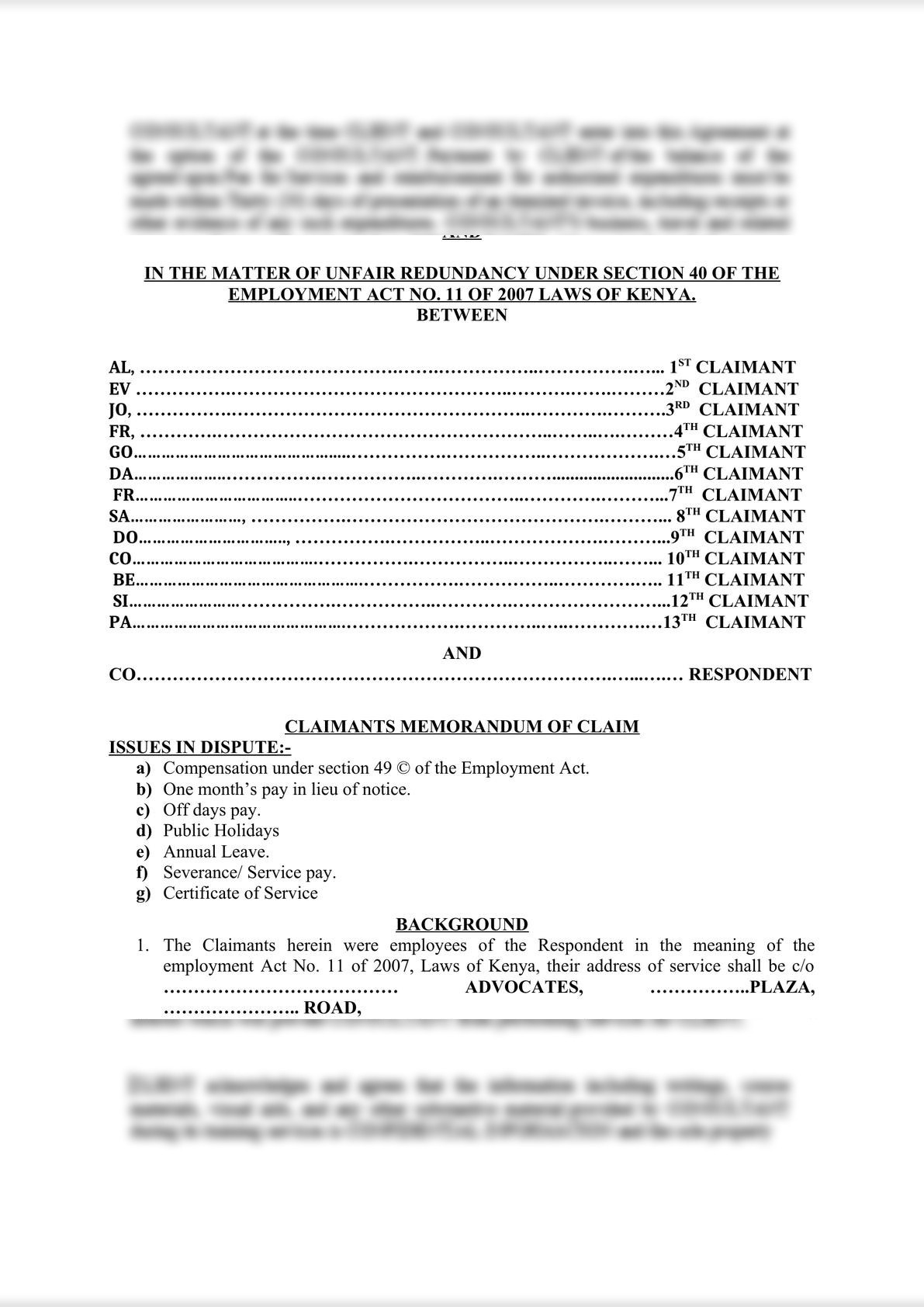 MEMORANDUM OF CLAIM - UNFAIR REDUNDANCY-0