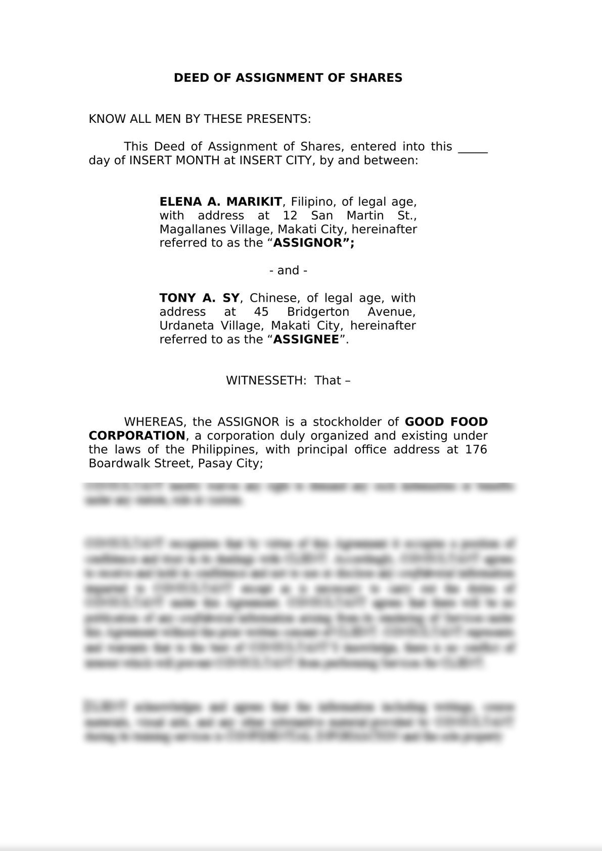 deed of assignment of business philippines