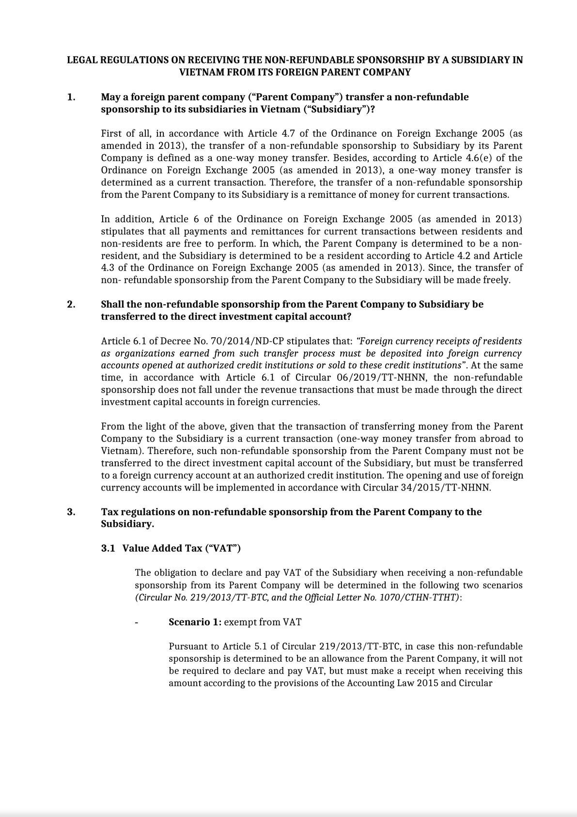 LEGAL REGULATIONS ON RECEIVING THE NON-REFUNDABLE SPONSORSHIP BY A SUBSIDIARY IN VIETNAM FROM ITS FOREIGN PARENT COMPANY-0