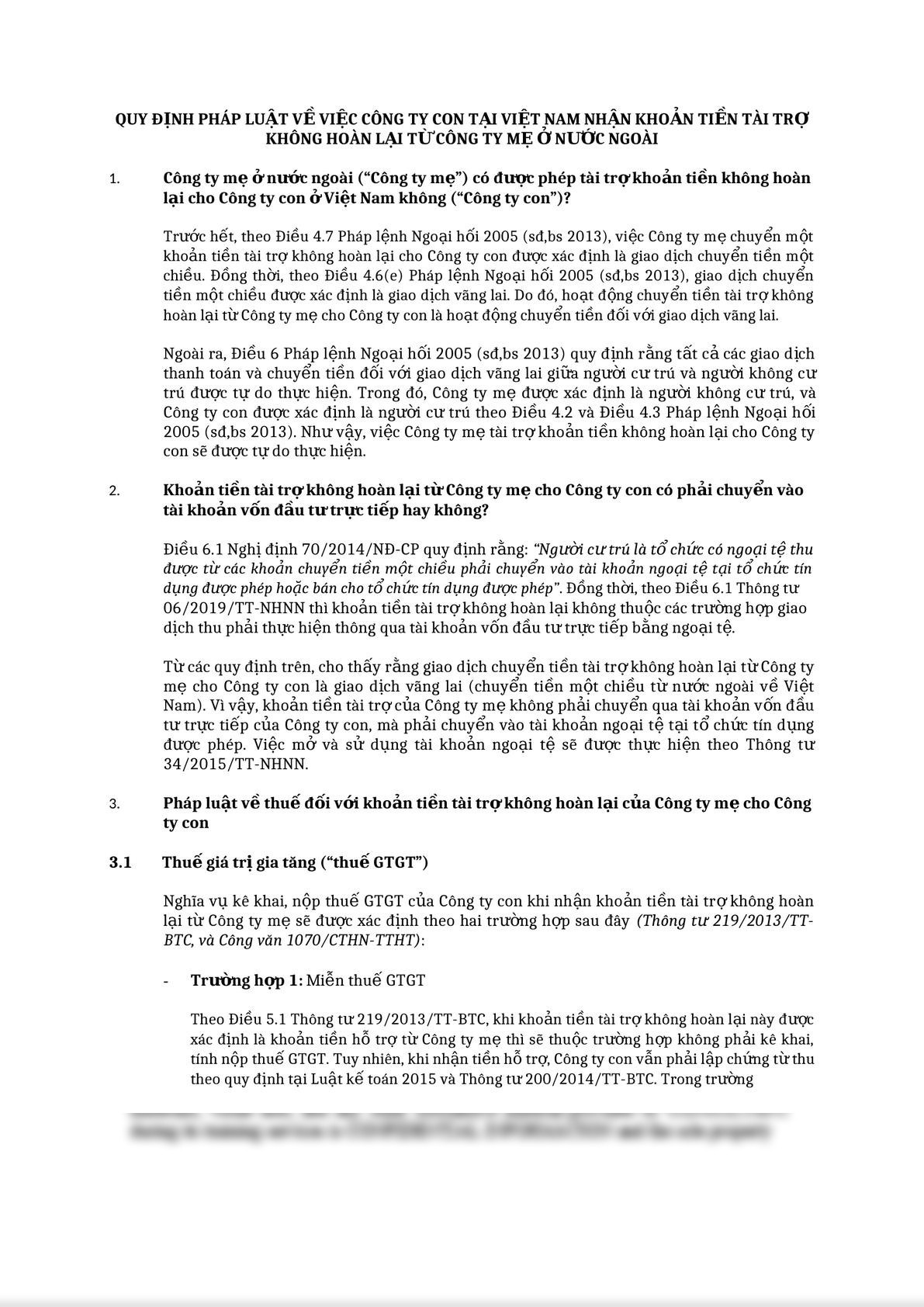 LEGAL REGULATIONS ON RECEIVING THE NON-REFUNDABLE SPONSORSHIP BY A SUBSIDIARY IN VIETNAM FROM ITS FOREIGN PARENT COMPANY (VIETNAMESE )-0