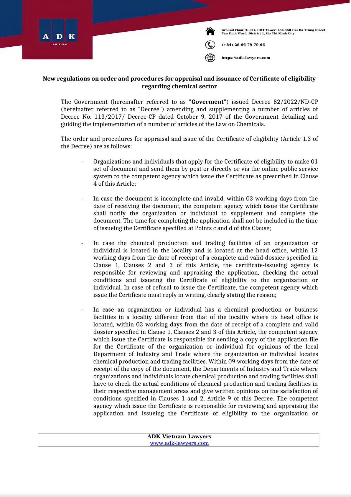 New regulations on order and procedures for appraisal and issuance of Certificate of eligibility regarding chemical sector-0