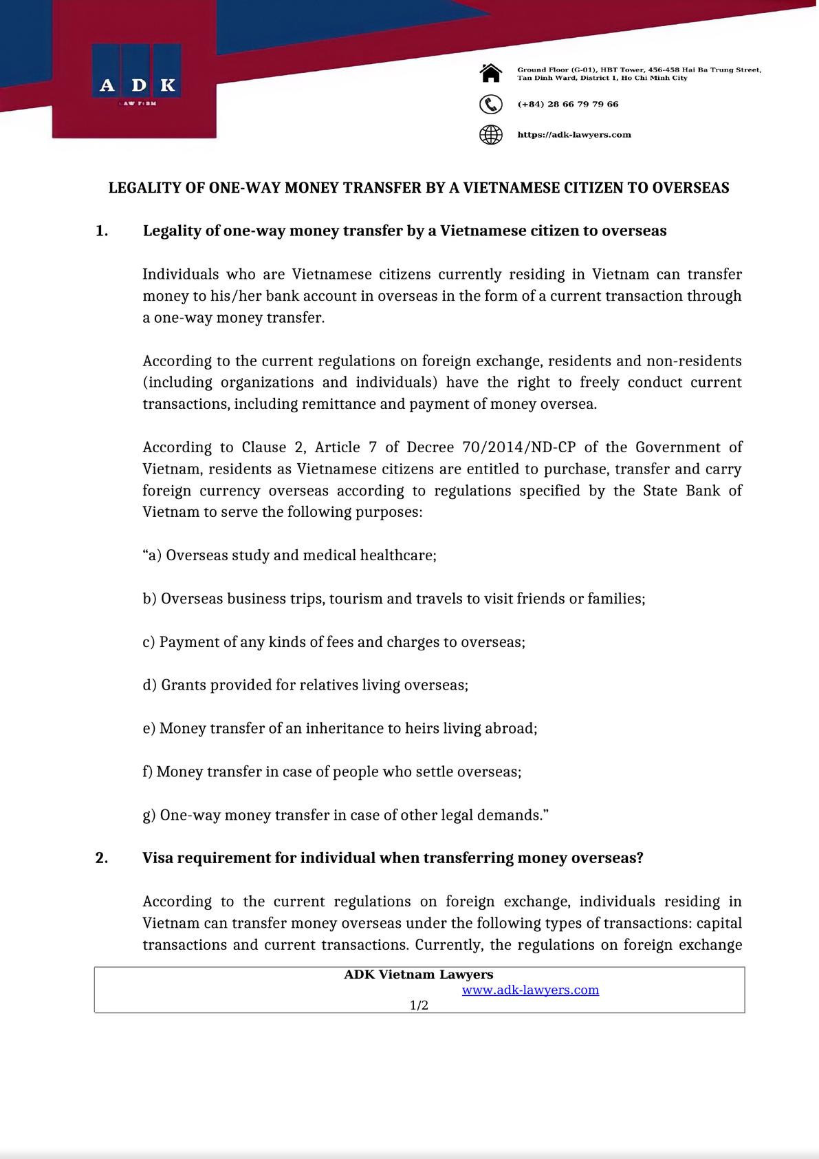 LEGALITY OF ONE-WAY MONEY TRANSFER BY A VIETNAMESE CITIZEN TO OVERSEAS -0