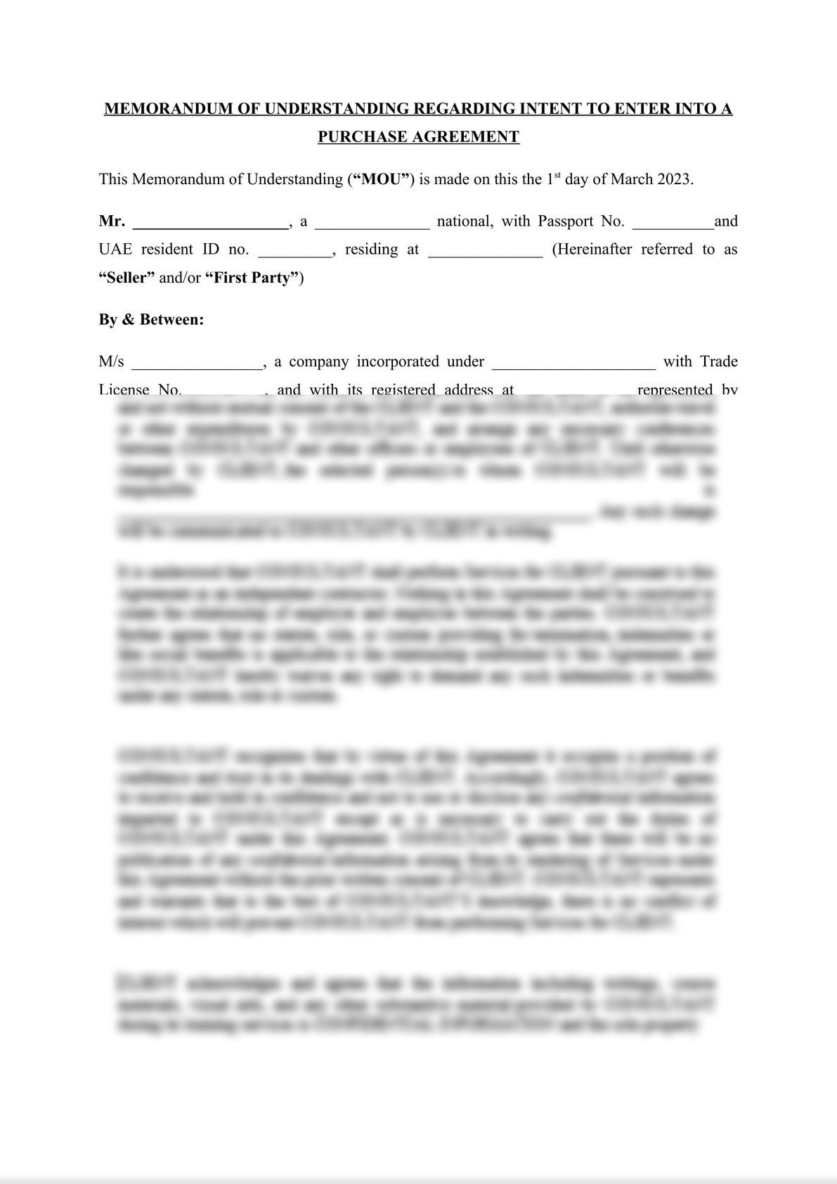 MEMORANDUM OF UNDERSTANDING REGARDING INTENT TO ENTER INTO A PURCHASE AGREEMENT-0