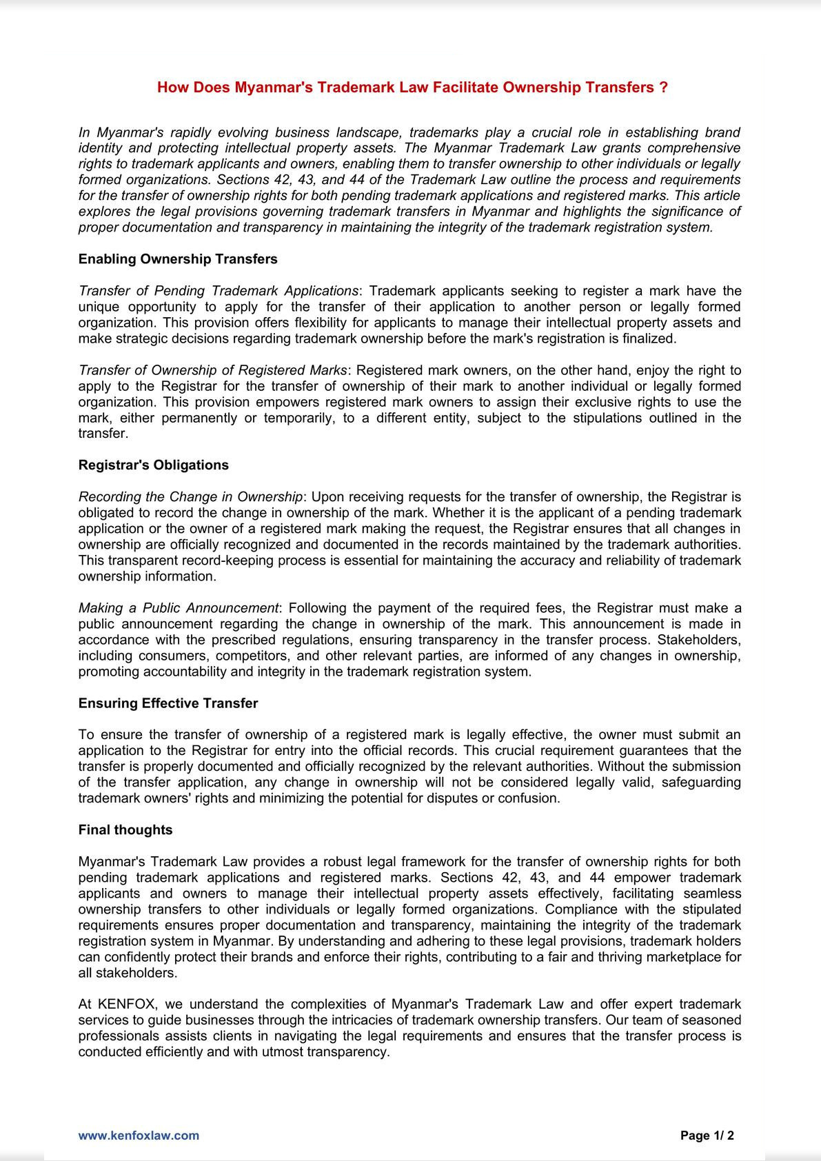 How Does Myanmar's Trademark Law Facilitate Ownership Transfers?-0