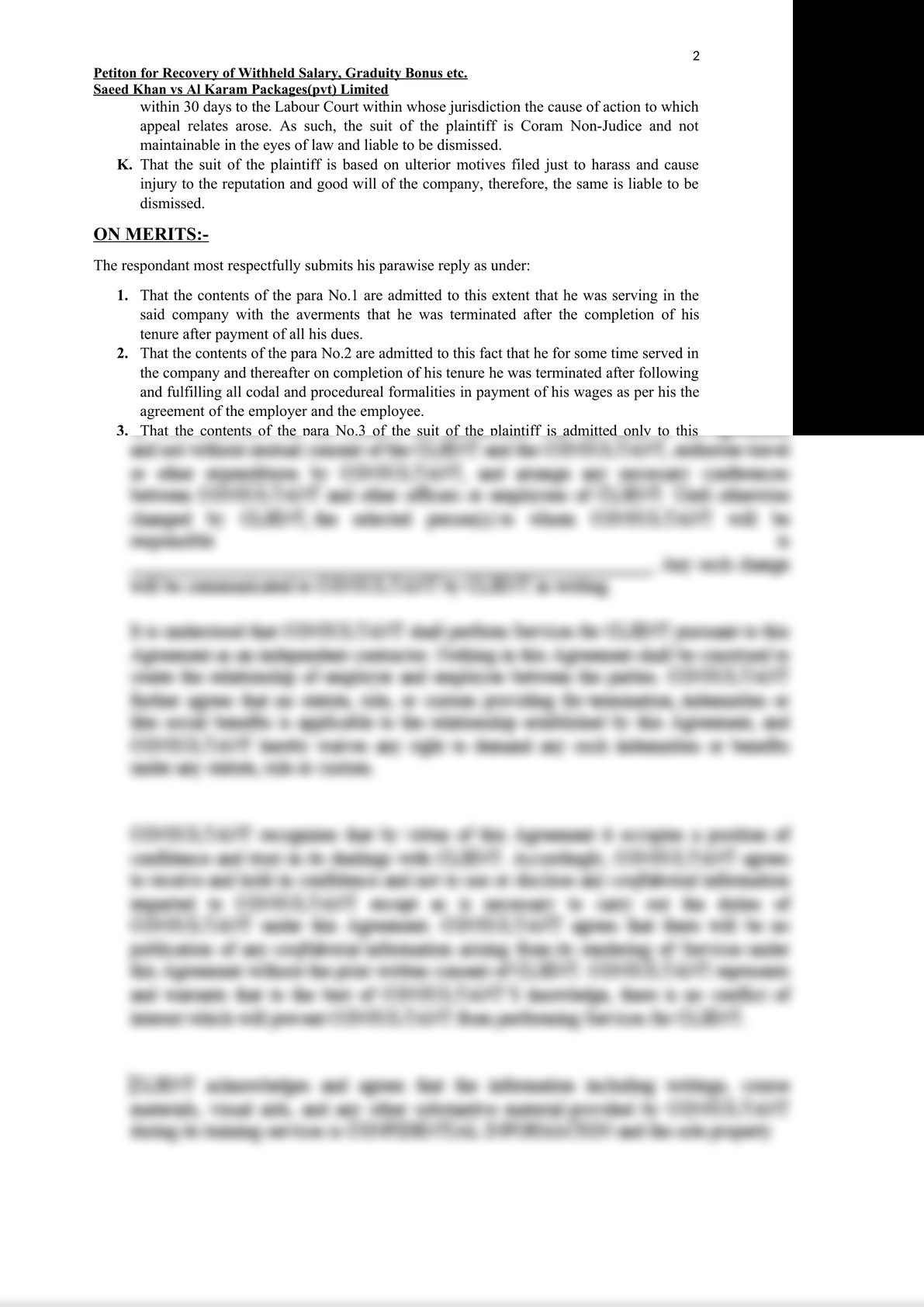 This is legal document purported to be filed at Labour court, on behalf of the Al Karam (Pvt) Ltd Company representing the company's best interests as it's legal advisor.-1