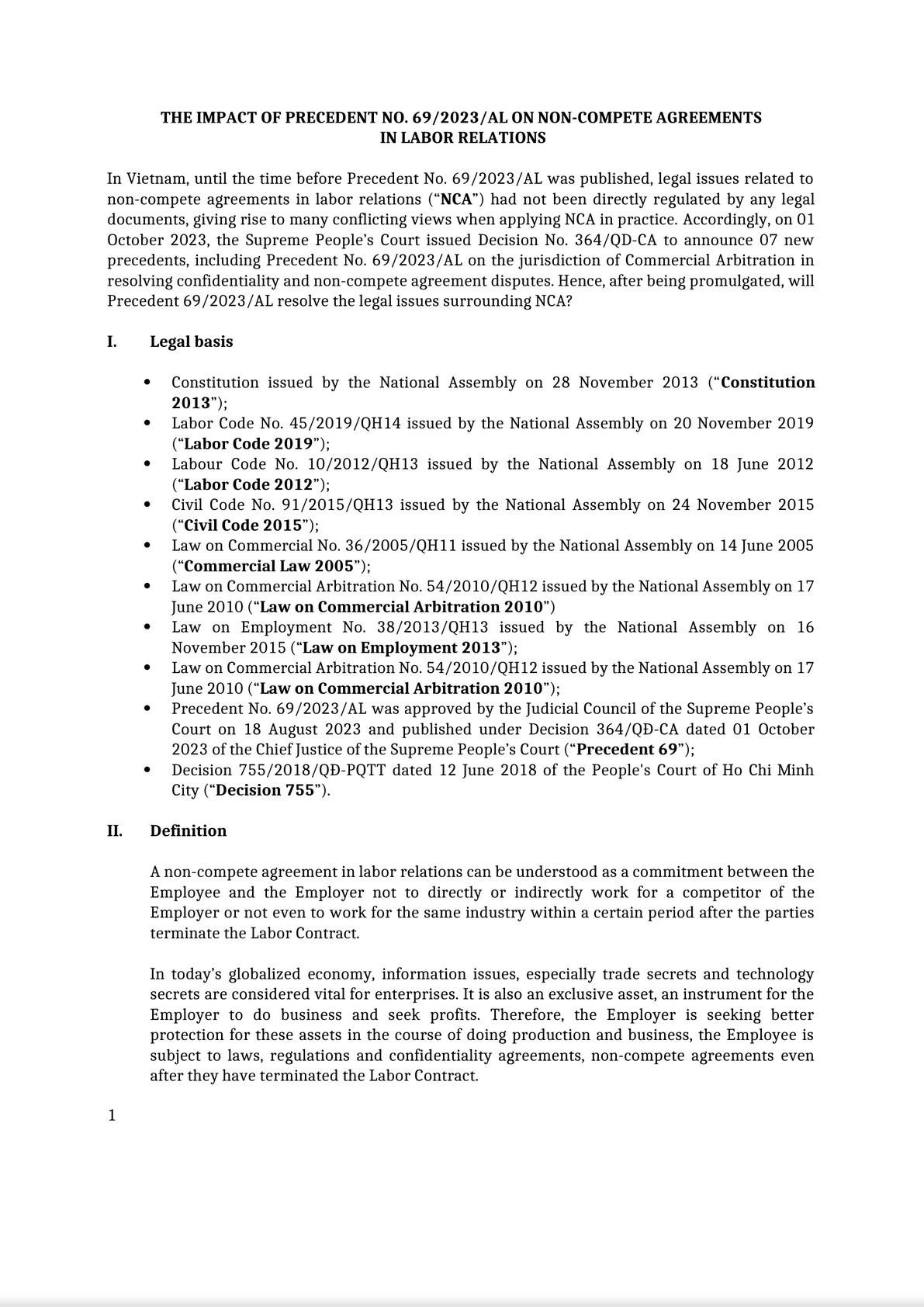 THE IMPACT OF PRECEDENT NO. 69/2023/AL ON NON-COMPETE AGREEMENTS IN LABOR RELATIONS With the market economy both globally and in Vietnam becoming increasingly competitive, companies pay speci-0