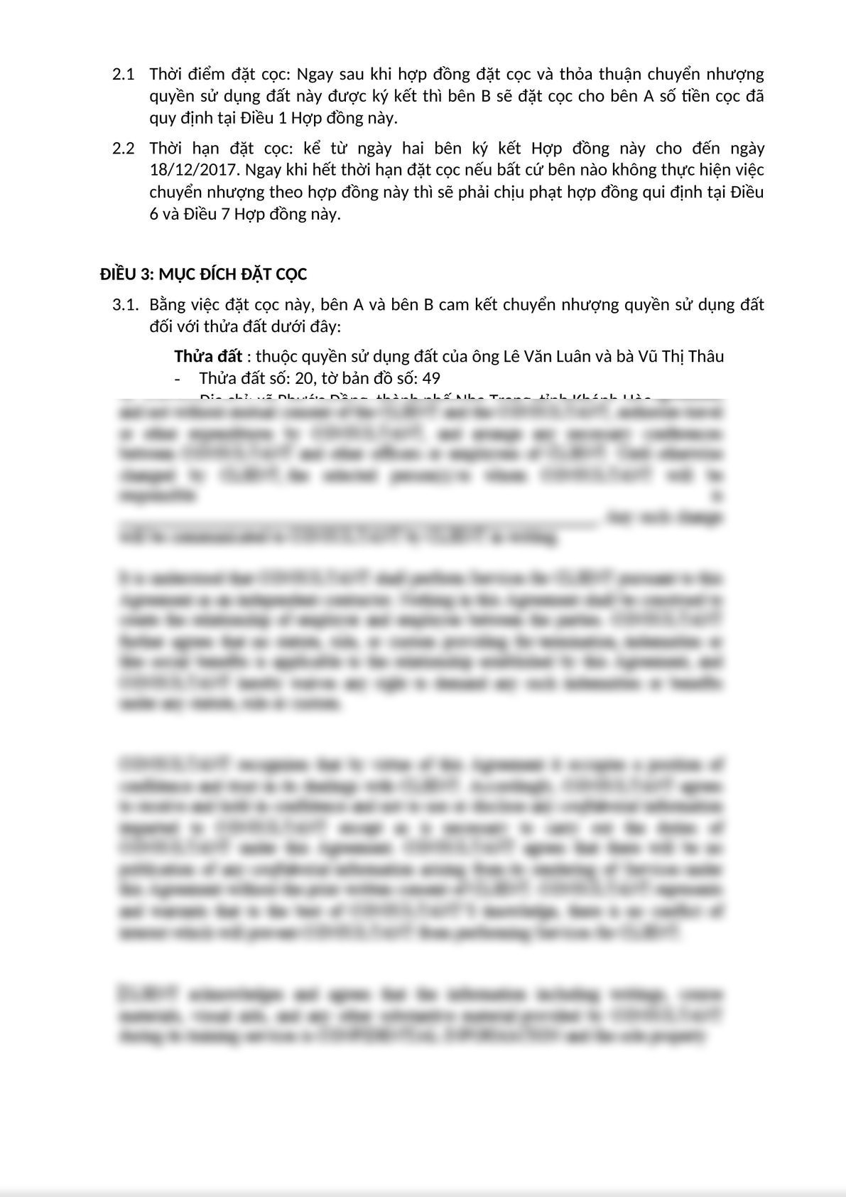 DEPOSIT CONTRACT AND AGREEMENT ON TRANSFER LAND USED RIGHT - Vietnamese - English-1