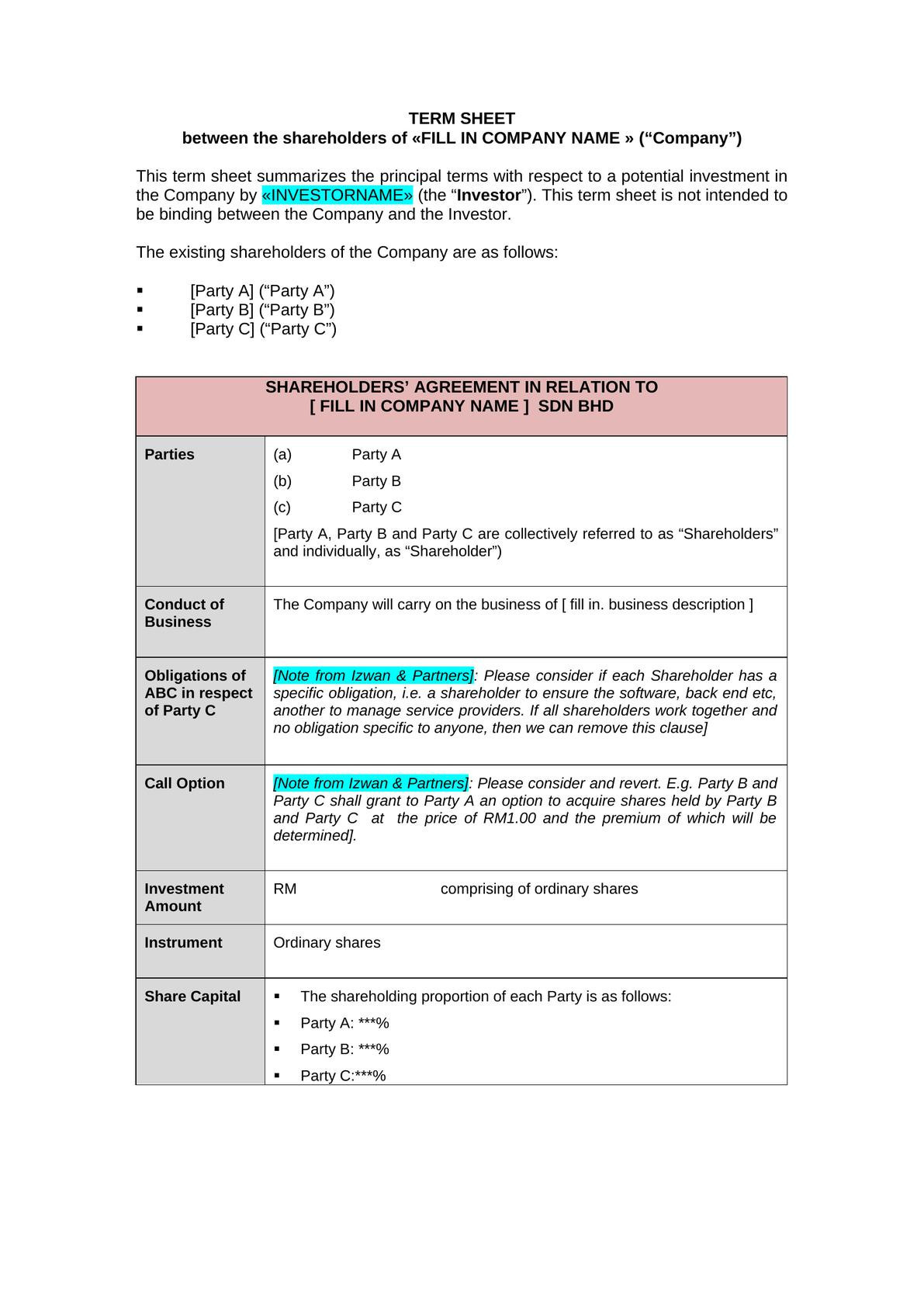 Simplified investment term sheet-0