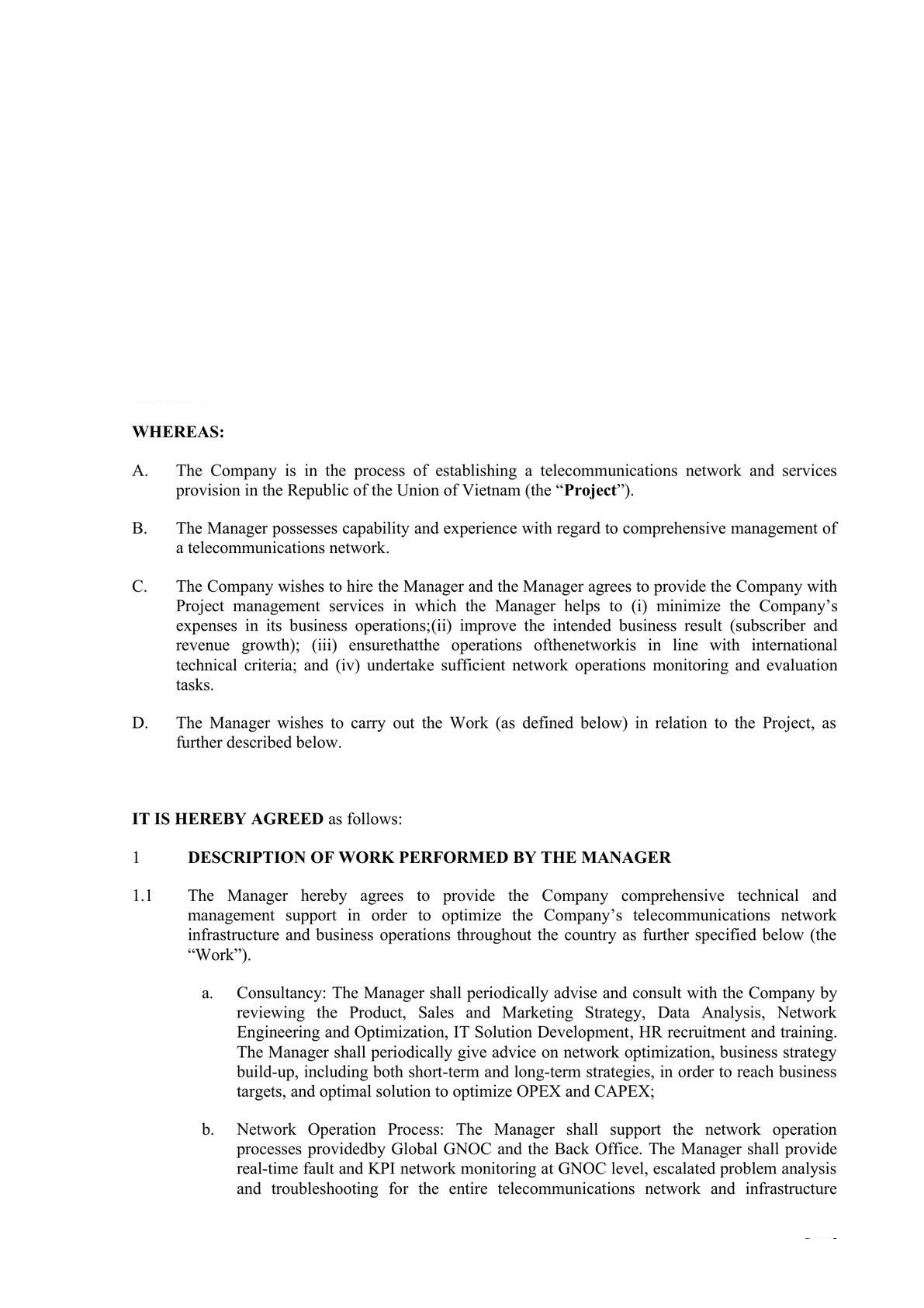 Technical and Management Service Agreement in Telecom -1