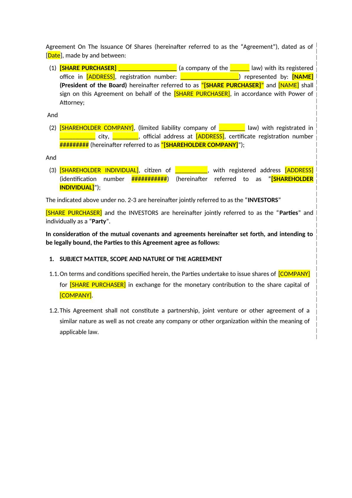 AGREEMENT ON THE ISSUANCE OF SHARES-1