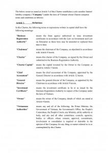 Charter template of sole member limited company in Vietnam (English)