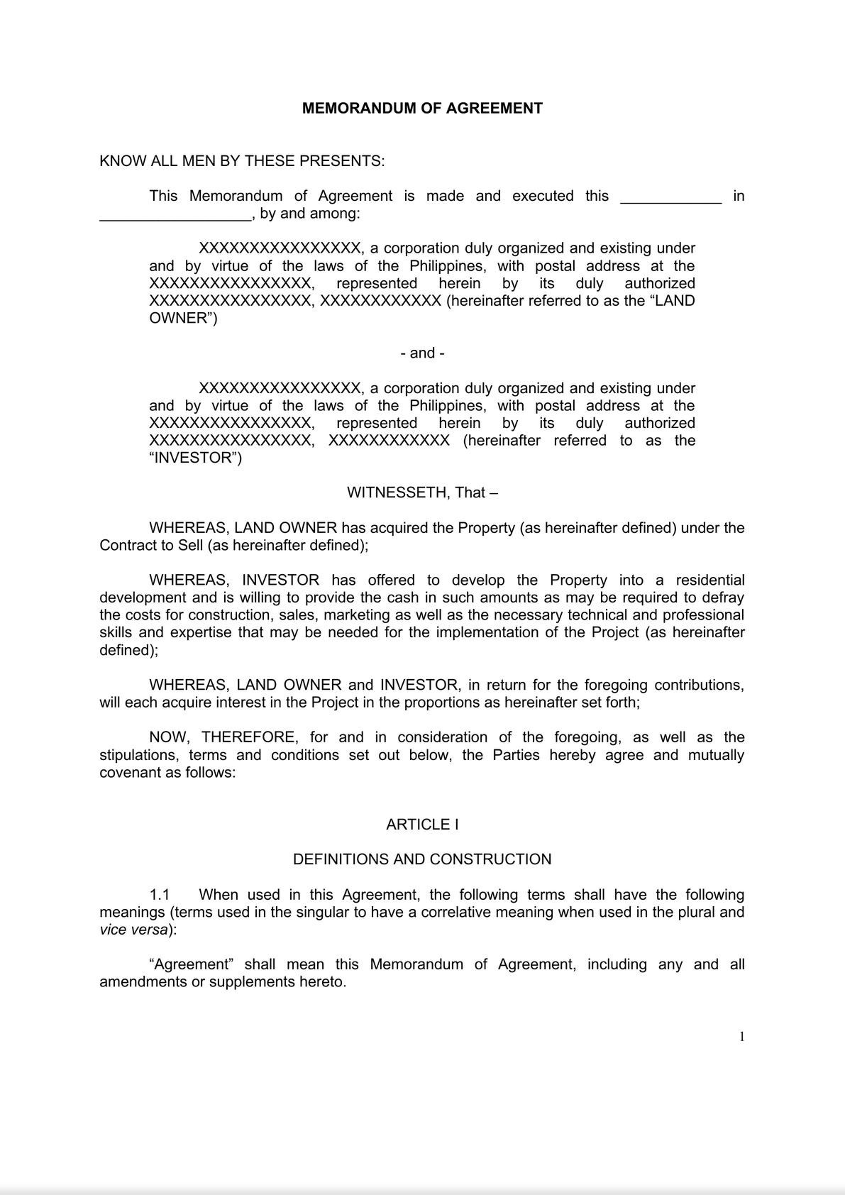 Memorandum of Agreement - Property Development-0