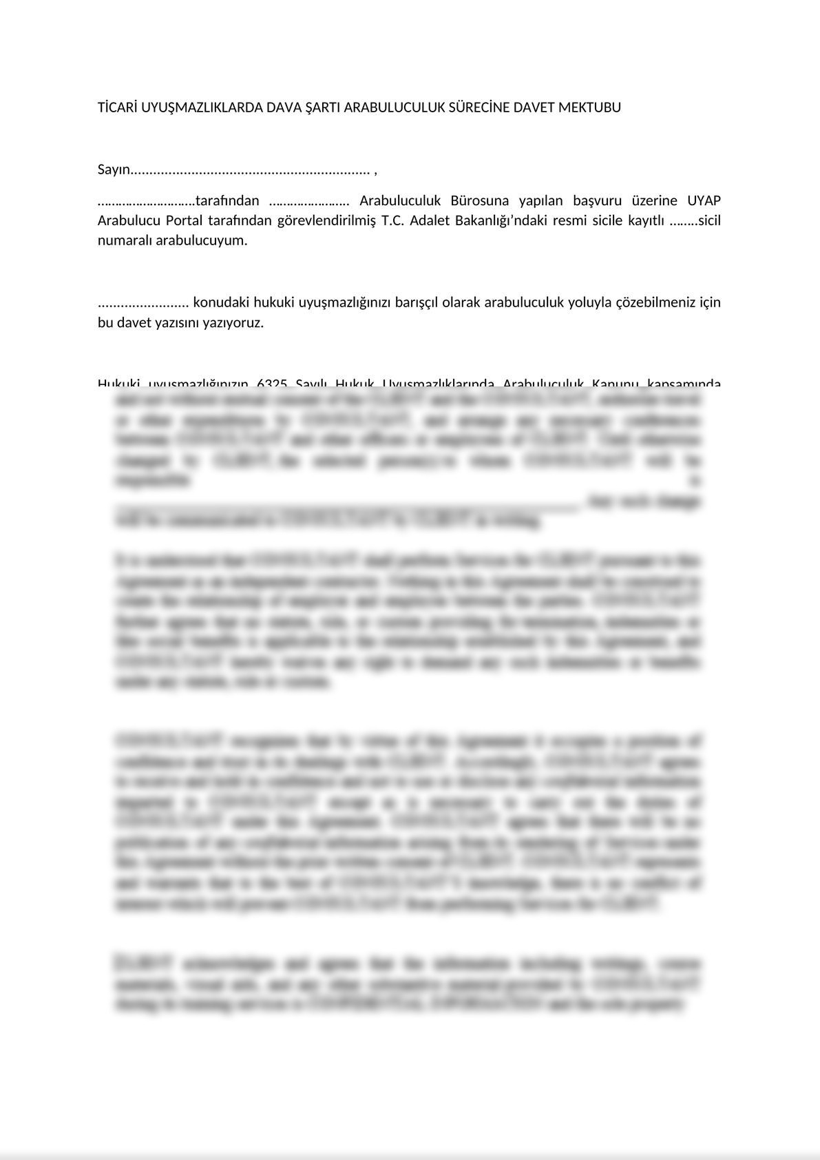 Invitatition Letter to Parties of Mandatory Mediation on Commercial Disputes - Turkish -0